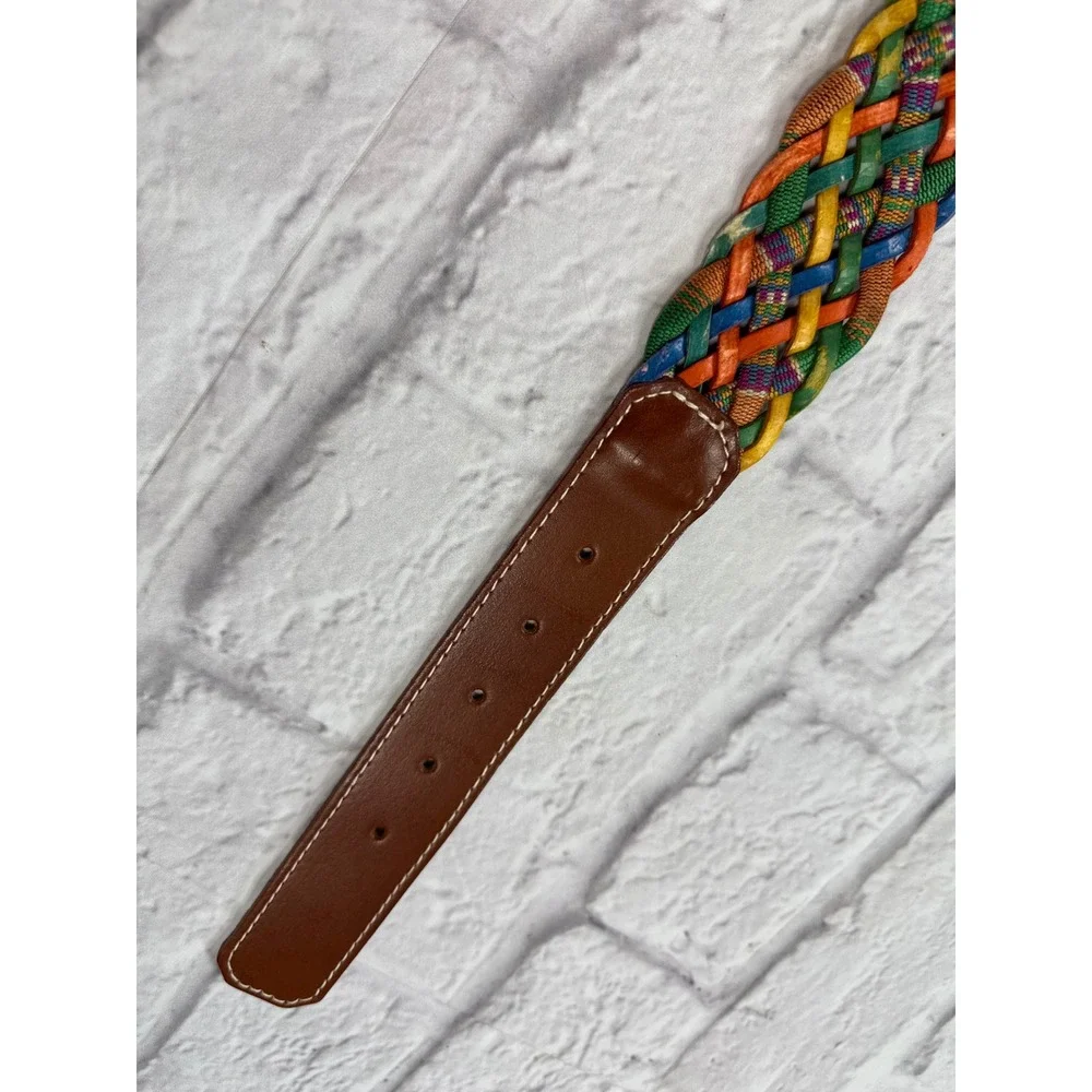 Express Braided Belt Womens Medium Multi Color Leather Wood Buckle Italy